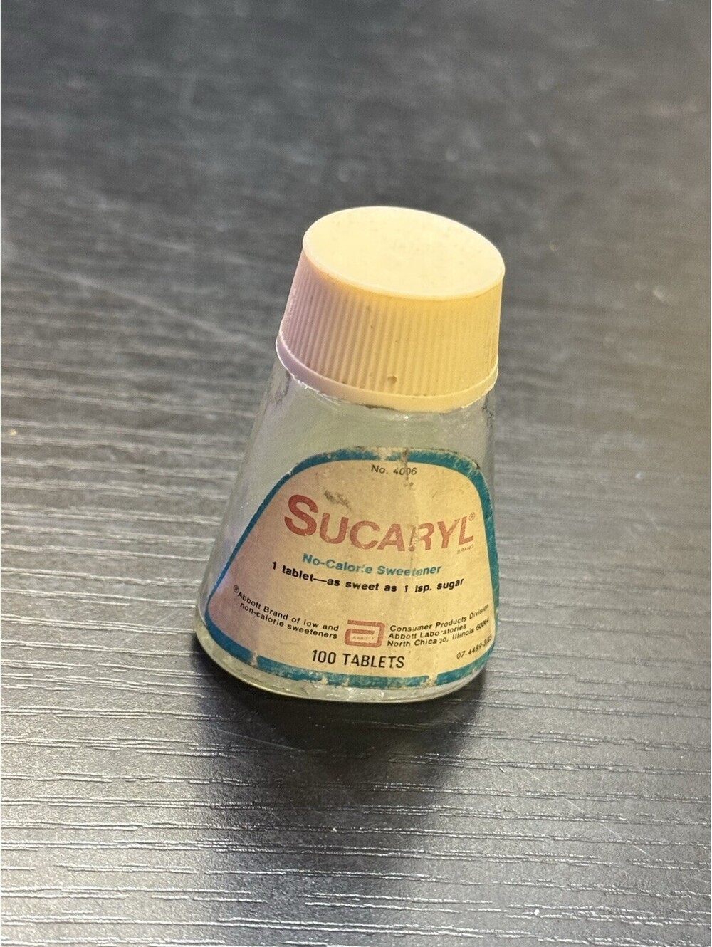 Vintage Sucaryl 100 Tablets Abbott Glass Sweetener Bottle Original Label & Cap